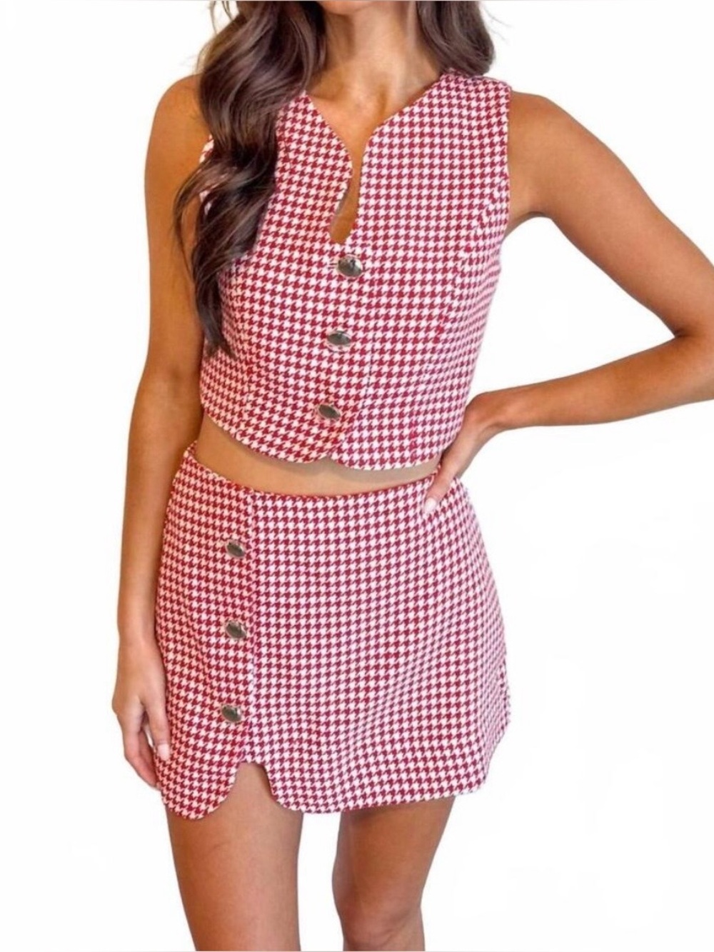 day + moon Women’s Medium Red Houndstooth Mini Skirt and Vest Matching Set - Picture 9 of 9